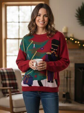 Vintage Holiday Traditions Womens Medium Red Christmas Nutcracker Sweater Sz M